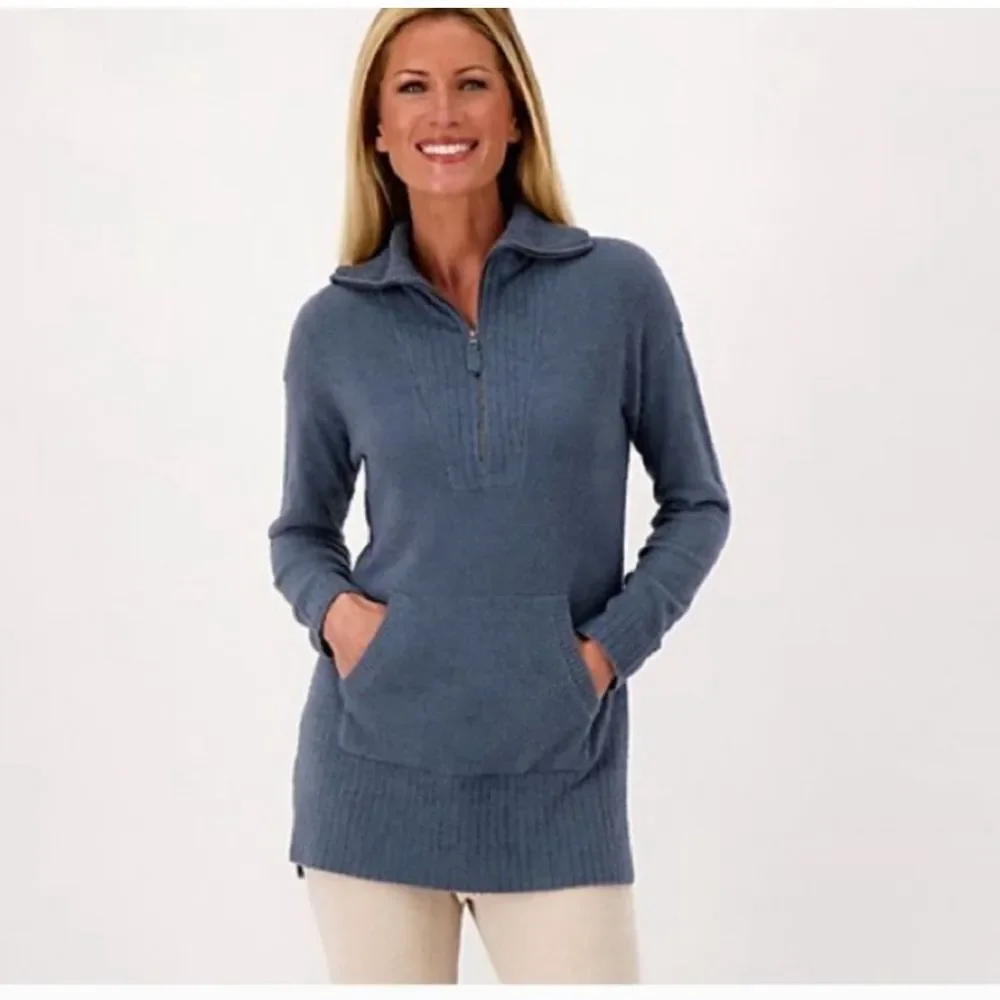 Barefoot Dreams Cozychic Lite Blue Gray Half Zip Tunic Sweater Women’s Large
